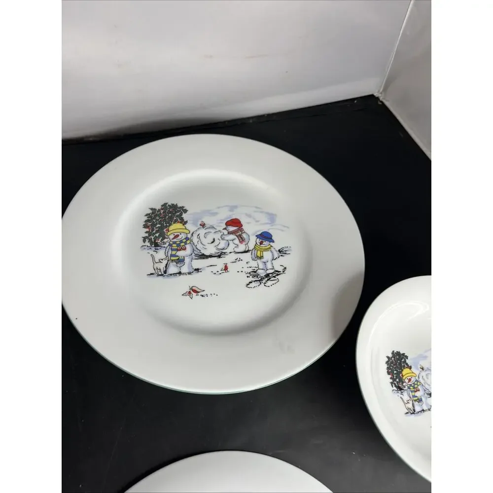 Global Design Porcelain Snowman Christmas Dinner Plate, Salad, Bowl Set Of 3
